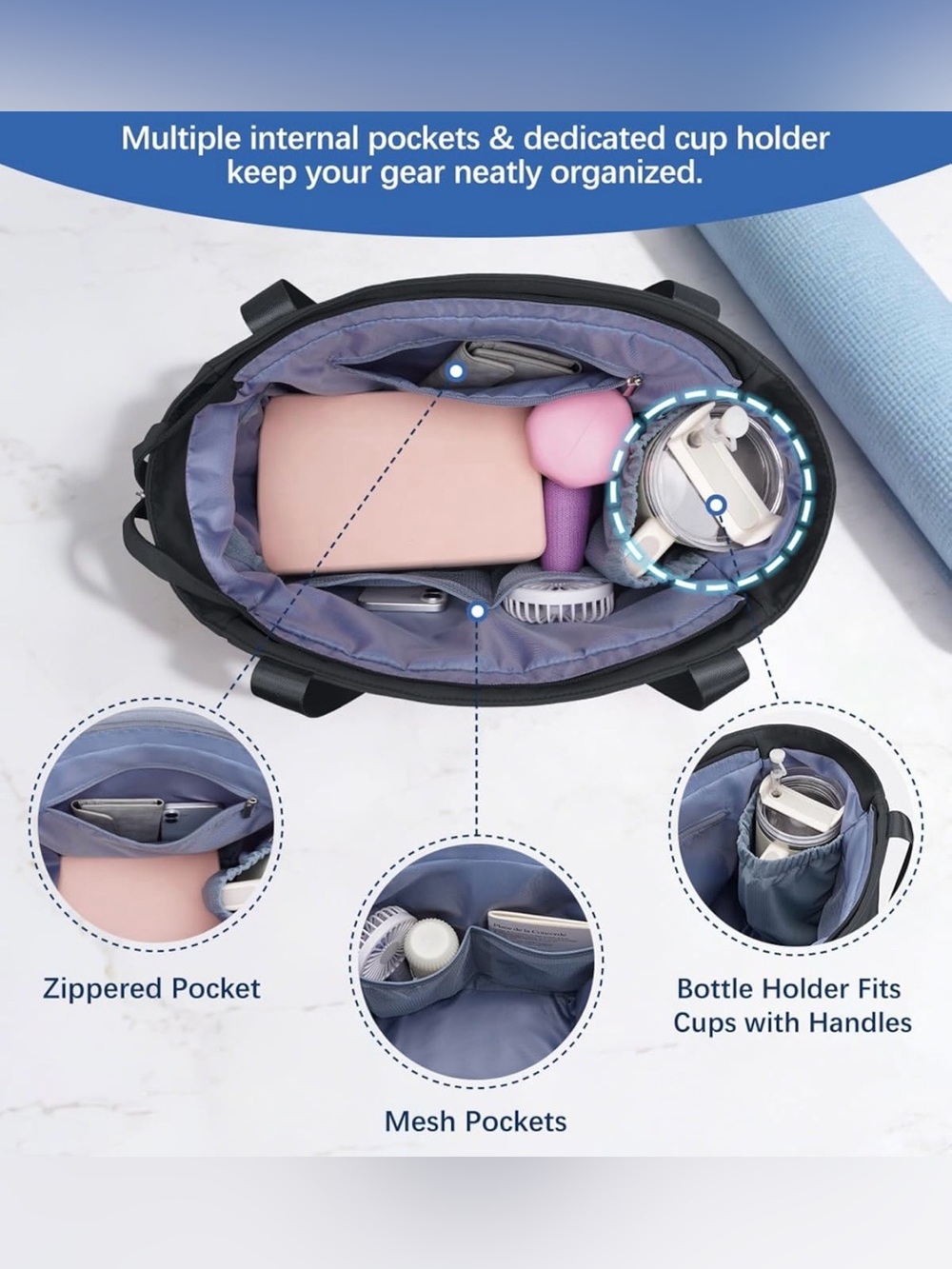 Women’s Gym Bag/Tote Bag with Yoga Mat Holder and Wet/Dry Pocket - Picture 4 of 7
